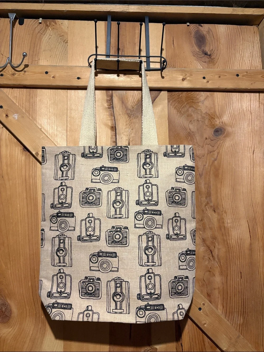 Retro Camera Print Canvas Tote in Beige and Black